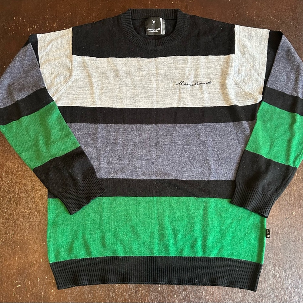 Pierre Carlo Men's Lightweight Striped Pullover Soft Knit Striped Sweater Medium